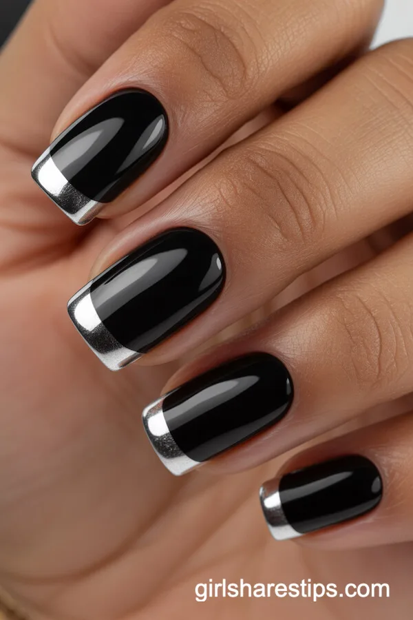 Black Chrome Square Nails with Silver Chrome French Tips
