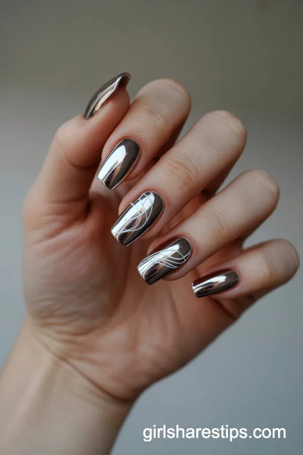 Metallic Chrome Coffin Nails with Abstract White Art
