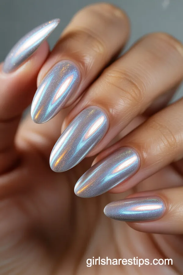 Holographic Chrome Oval Nails in Wintery Pastel Shades