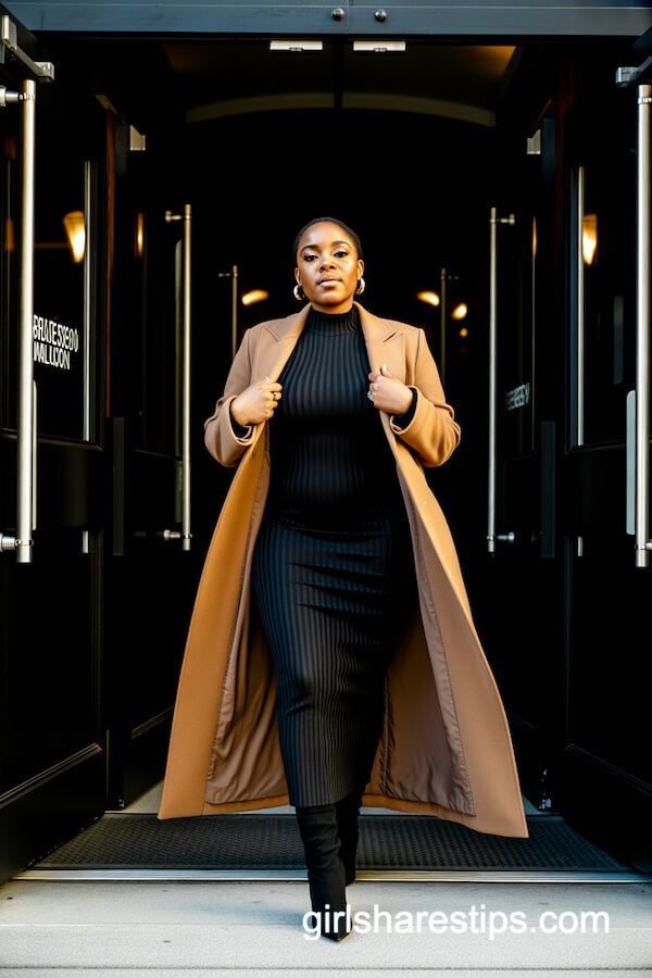 Long Camel Coat & Black Bodycon Dress