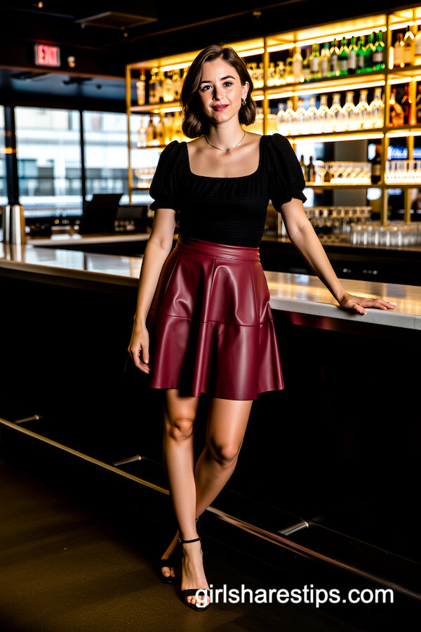 Puff Sleeve Top & Burgundy Leather Skirt