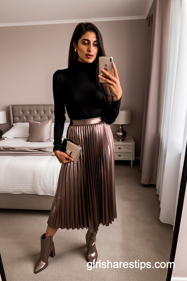 Turtleneck Bodysuit & Metallic Pleated Skirt