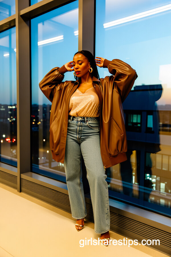 Bomber Jacket, Sequin Cami & Jeans