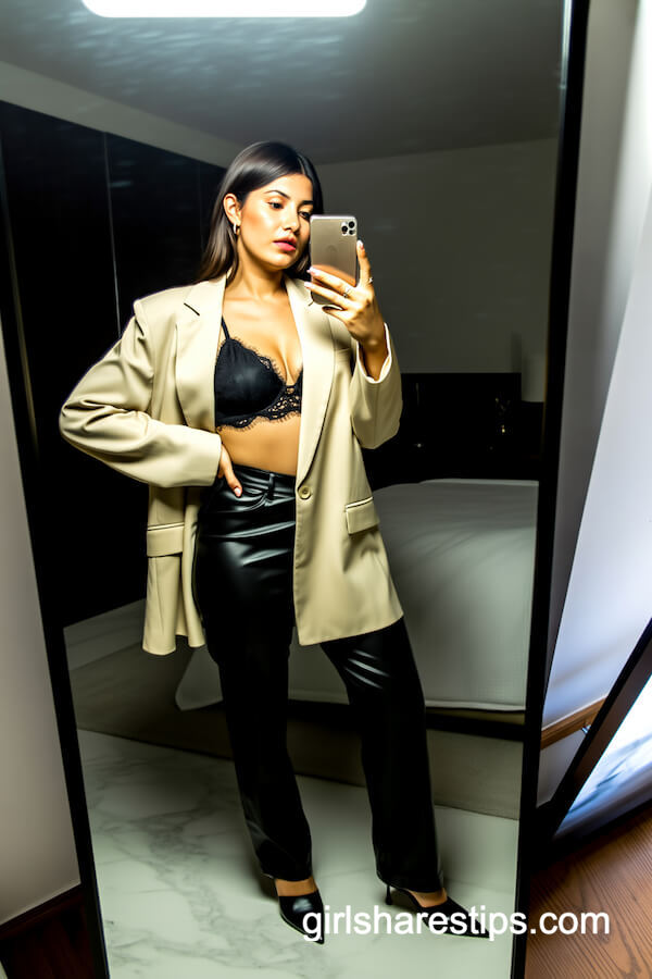 Oversized Blazer, Lace Bralette & Leather Pants