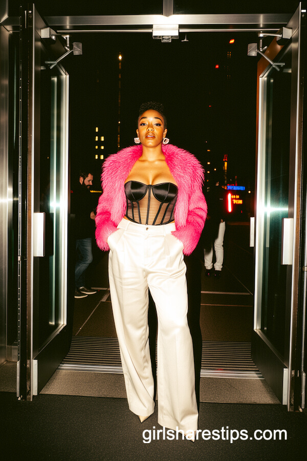 Corset Top, Wide-Leg Trousers & Pink Fur Coat