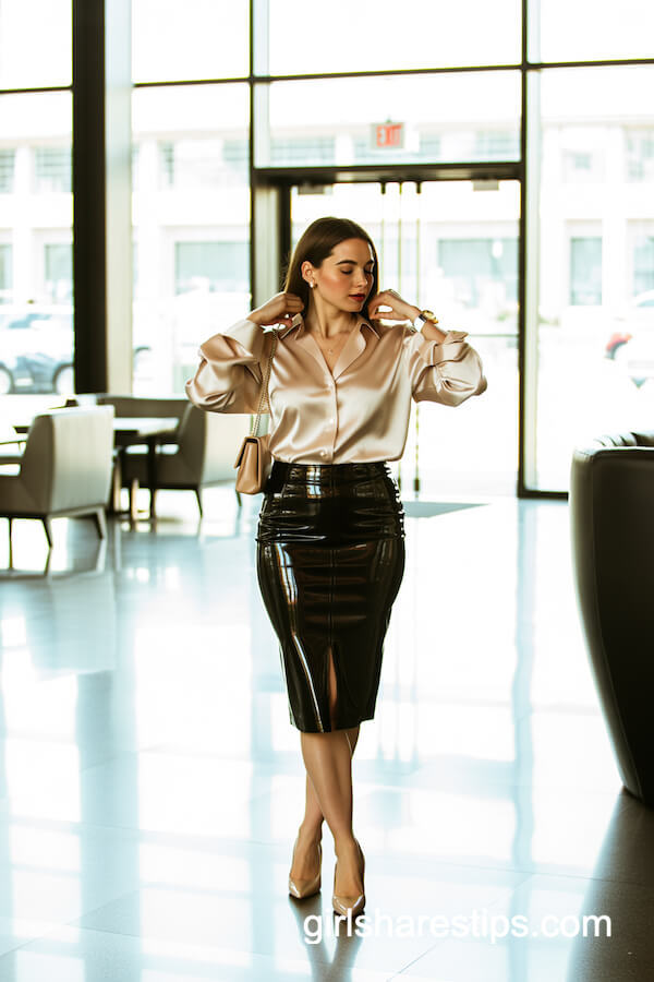 Satin Button-Up Blouse & Vinyl Pencil Skirt