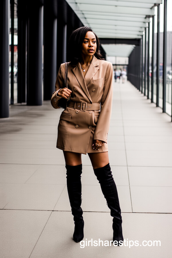 Camel Blazer Dress & Thigh-High Boots