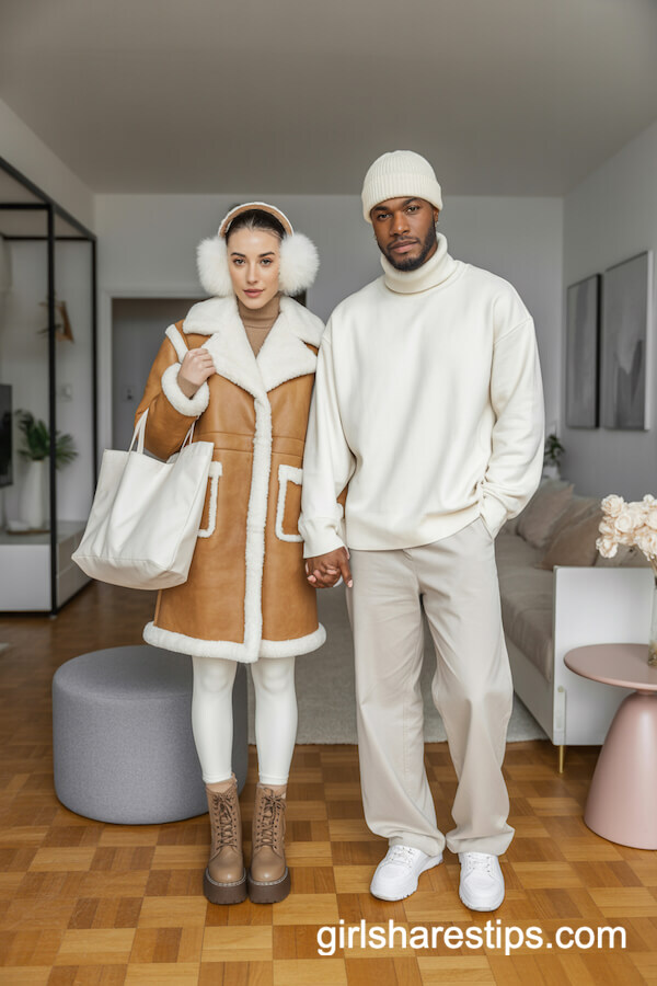 Shearling Coat And All White Winter Outfits