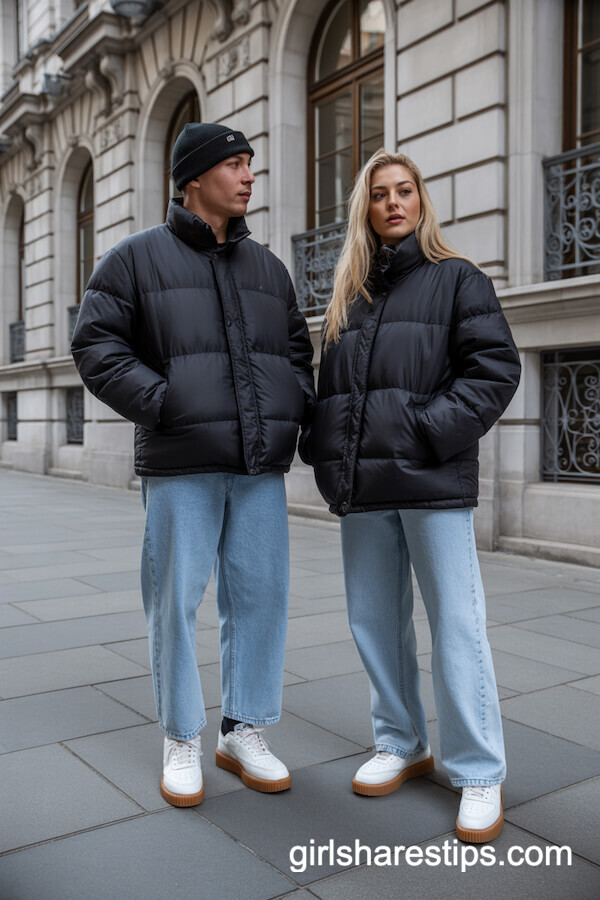 Matching Black Puffers And Denim