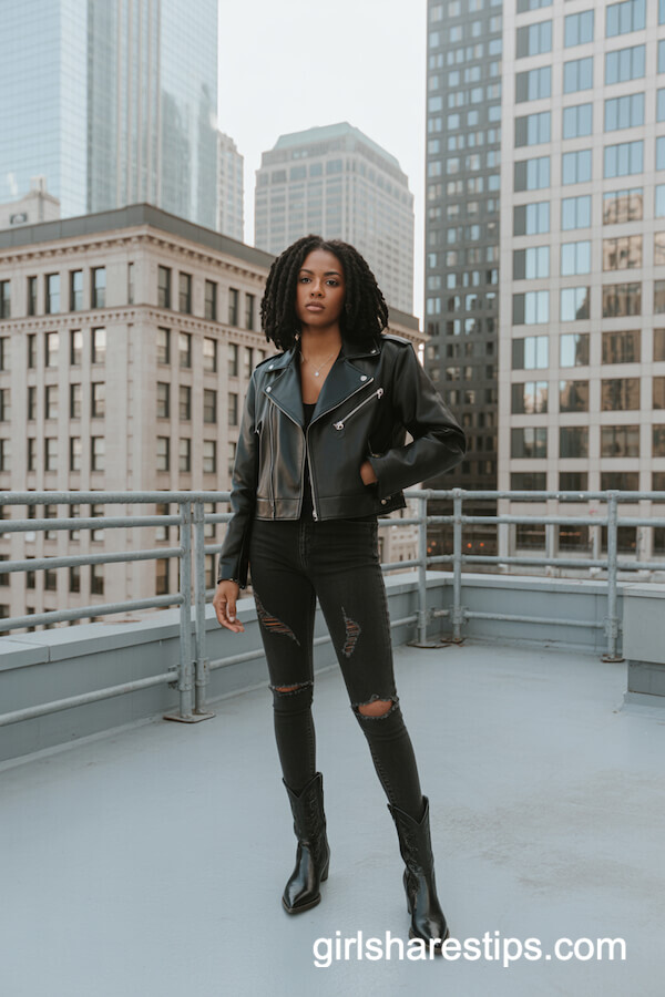 Black Biker Jacket and Distressed Jeans with Black Cowboy Boots