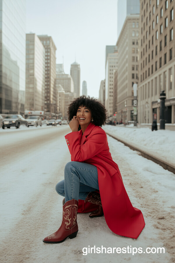 Red Coat, Blue Jeans, and Classic Cowboy Boots