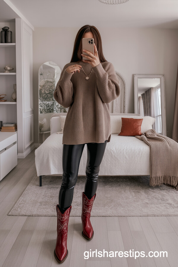 Faux Leather Leggings and Red Cowboy Boots Indoors