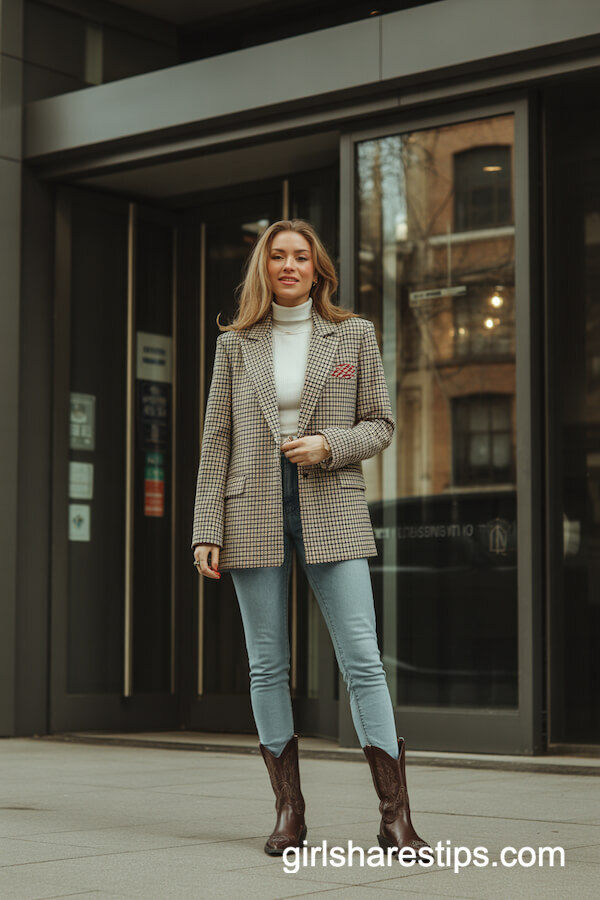 Checked Blazer and Skinny Jeans with Brown Cowboy Boots