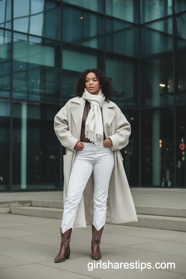 All-White Outerwear with Brown Cowboy Boots