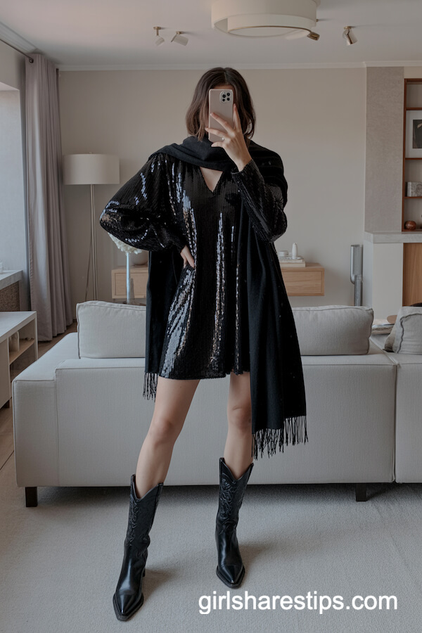 Black Sequin Dress and Black Cowboy Boots