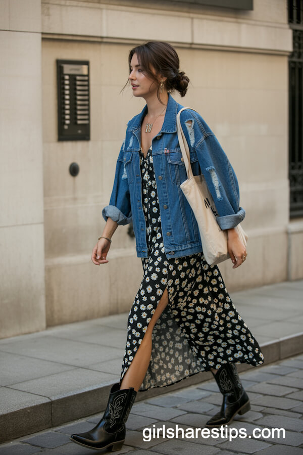 Floral Maxi Dress and Denim Jacket with Cowboy Boots