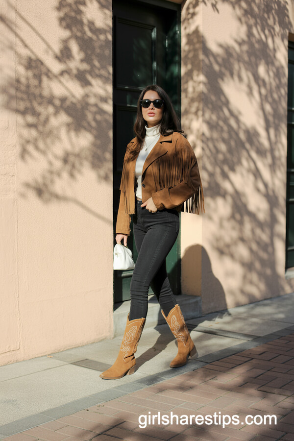 Suede Fringe Jacket and Tan Cowboy Boots