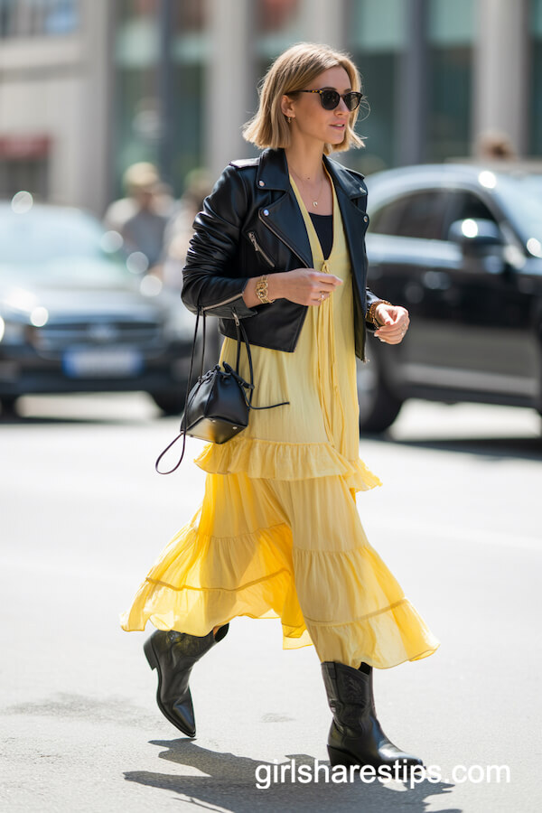 Yellow Ruffled Maxi Dress and Black Cowboy Boots