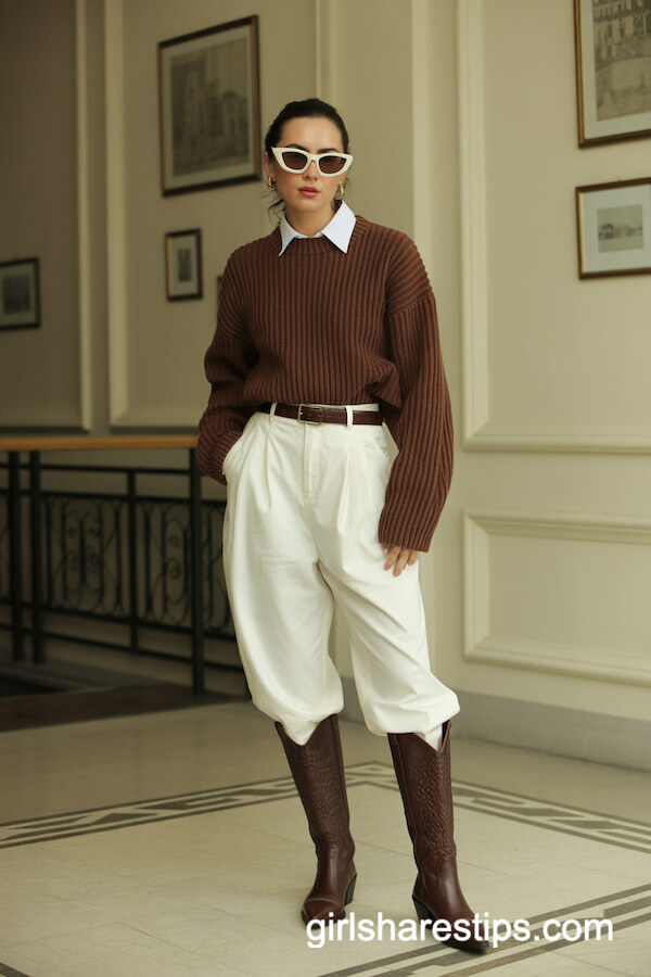 Knit Brown Sweater and Pleated Pants with Cowboy Boots