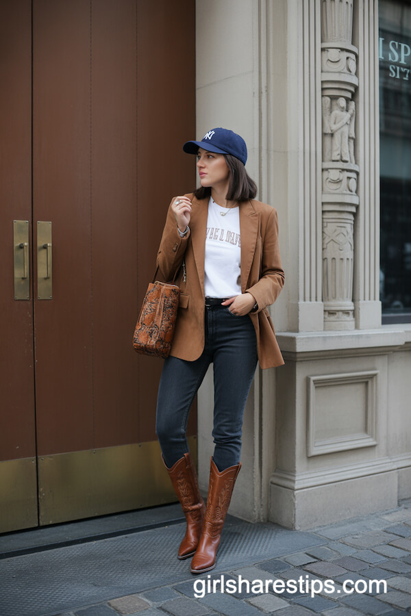 Tan Blazer, Jeans, and Brown Knee-High Cowboy Boots