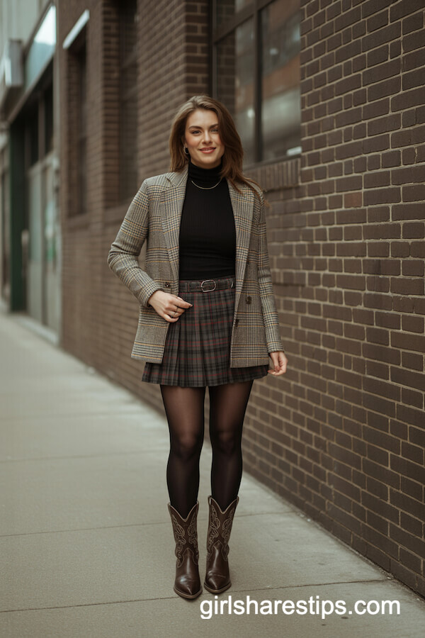 Plaid Mini Skirt and Turtleneck with Brown Cowboy Boots
