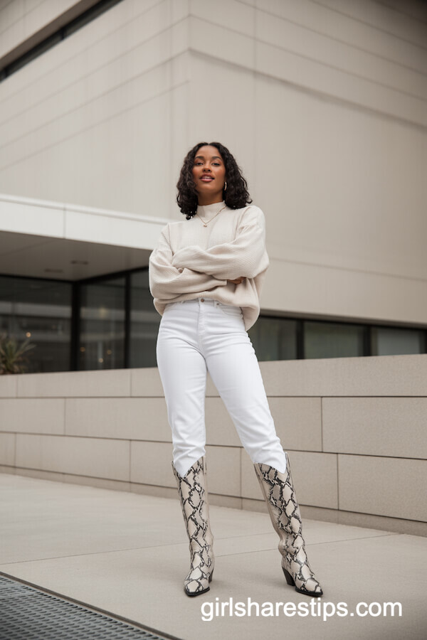 All-White Winter Look with Snakeskin Cowboy Boots