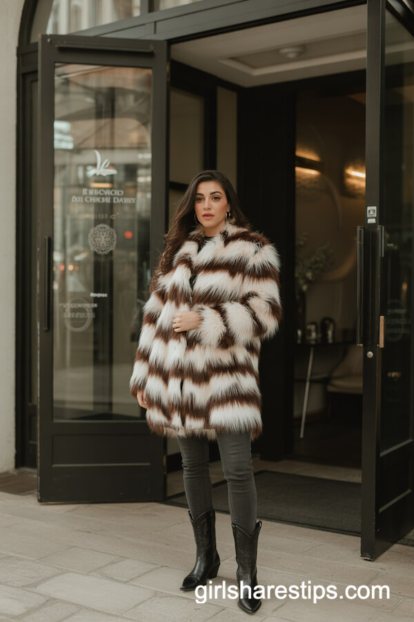 Faux Fur Coat with Dark Jeans and Black Cowboy Boots