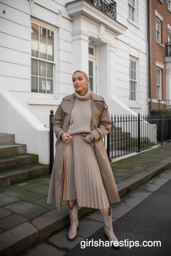 Layered Beige Tones and Beige Cowboy Boots