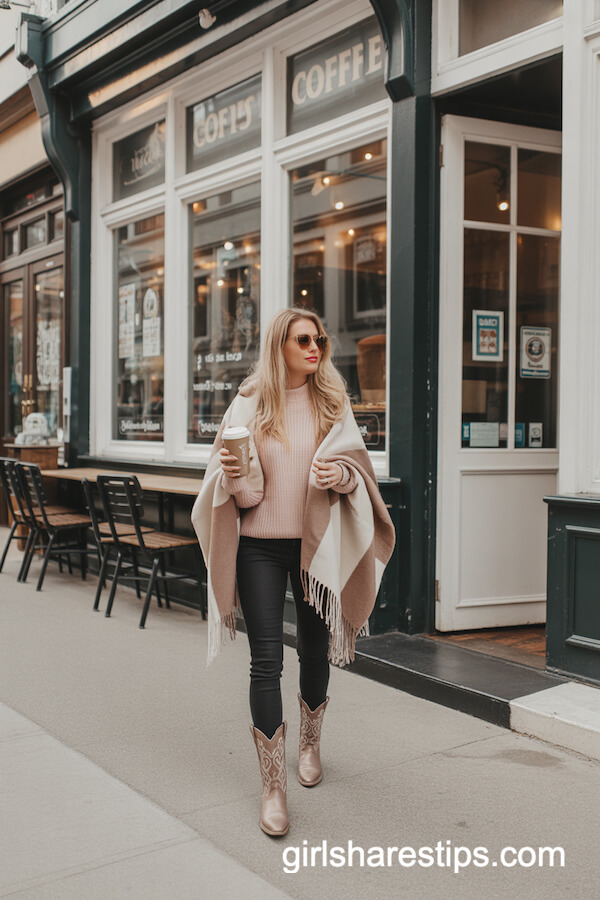 Blanket Scarf and Black Skinny Pants with Cowboy Boots