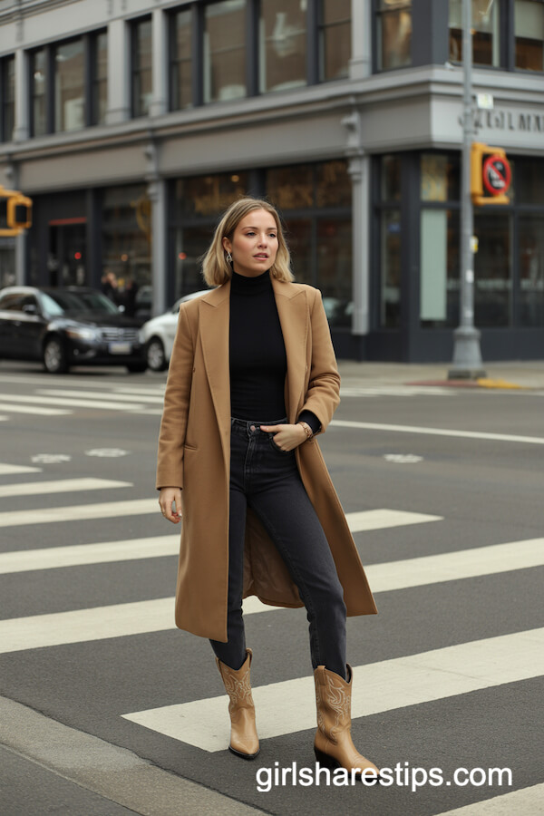 Camel Coat and Jeans with Light Tan Cowboy Boots