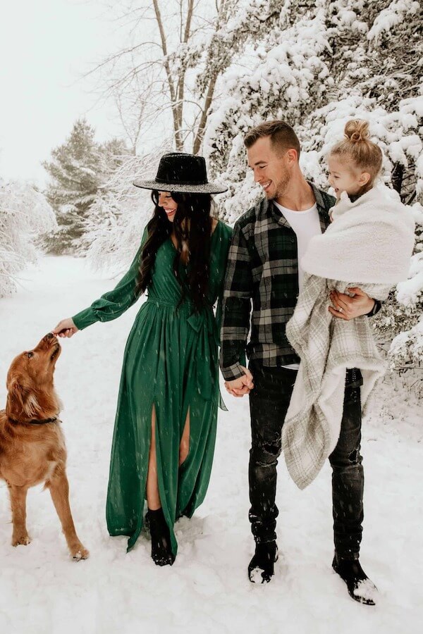 Elegant Green Dress and Flannel Winter Look