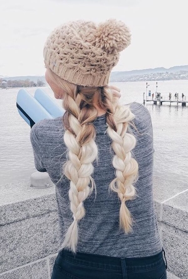 Double Braids with Pom Pom Hat