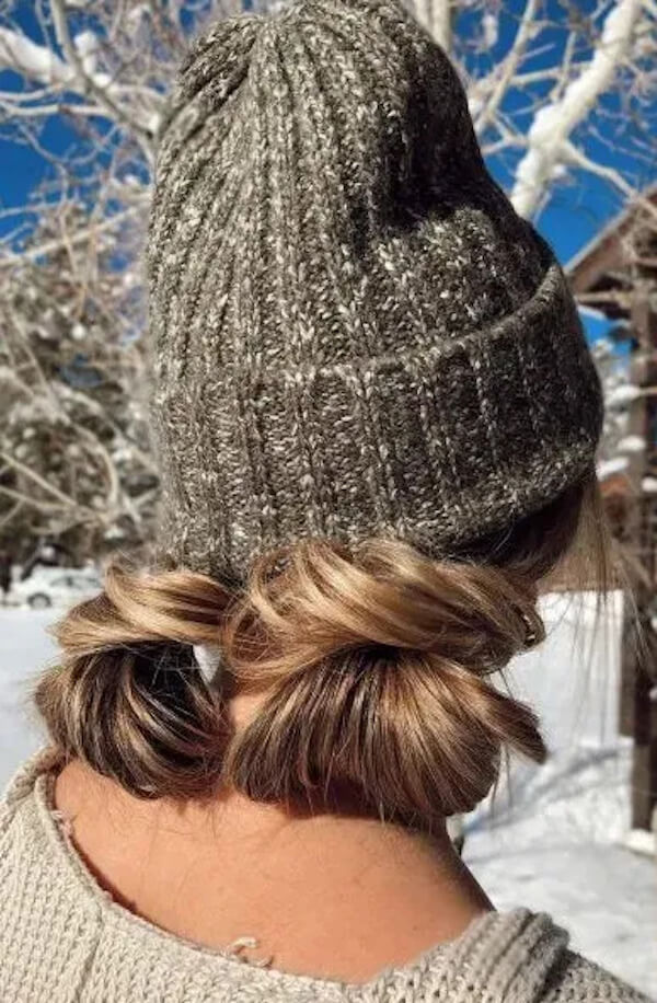 Twisted Low Pigtails With Beanie