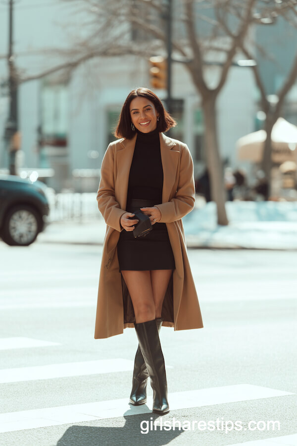 Camel Coat & Mini Skirt with Black Knee High Boots