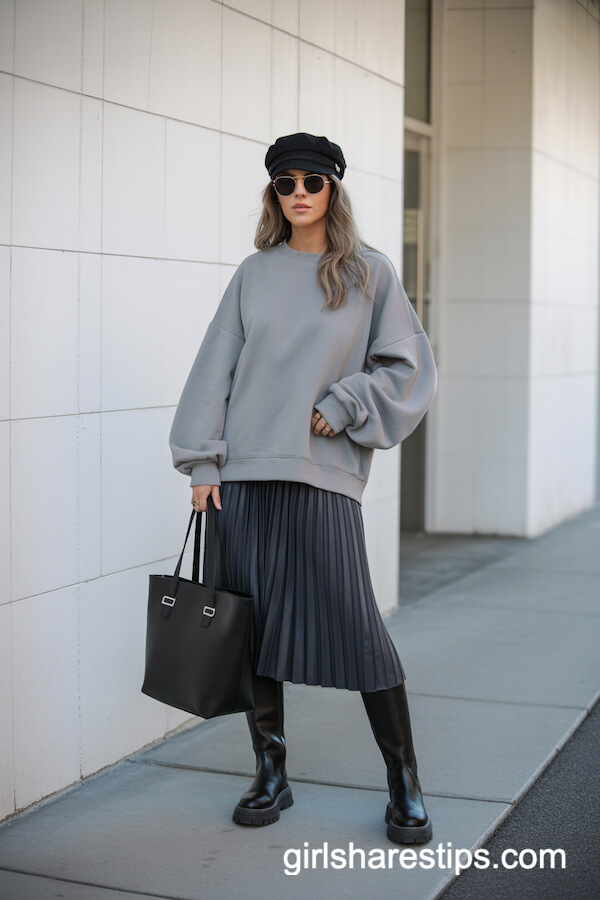 Sweatshirt, Pleated Midi Skirt & Chunky Knee High Combat Boots