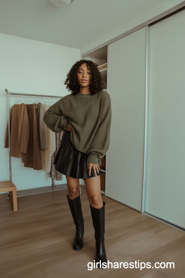 Knit Sweater, Pleated Mini Skirt & Knee High Boots