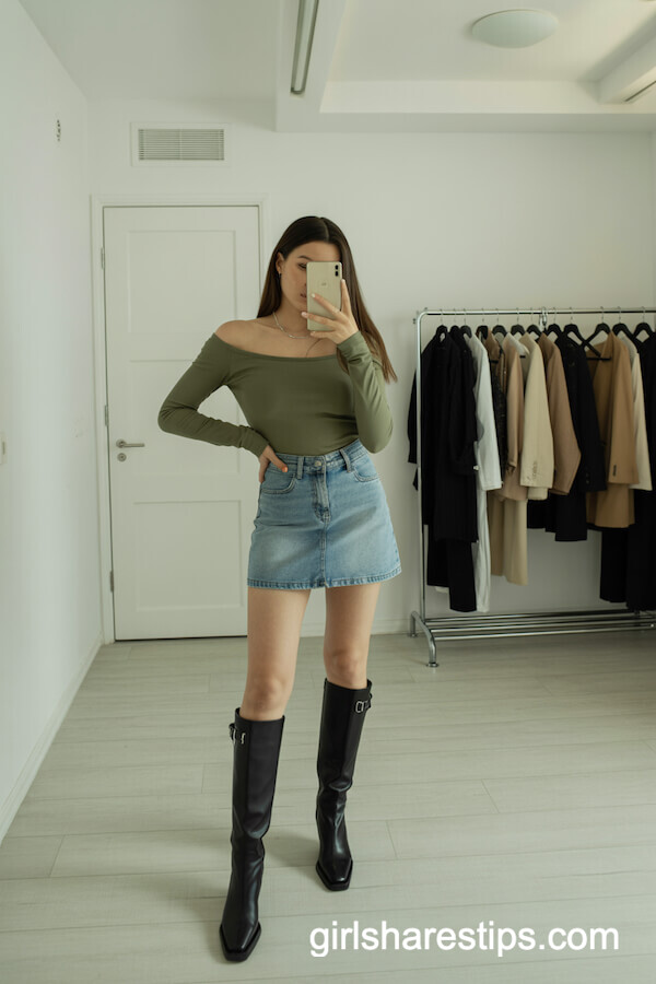 Off-Shoulder Top, Mini Skirt & Black Buckle Knee High Boots