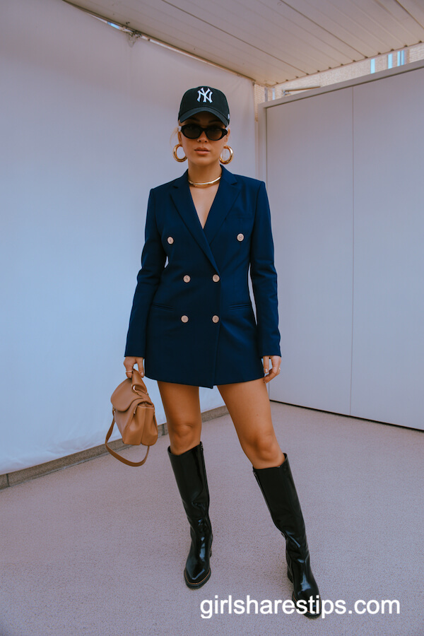 Blazer Dress, Cap & Black Knee High Boots