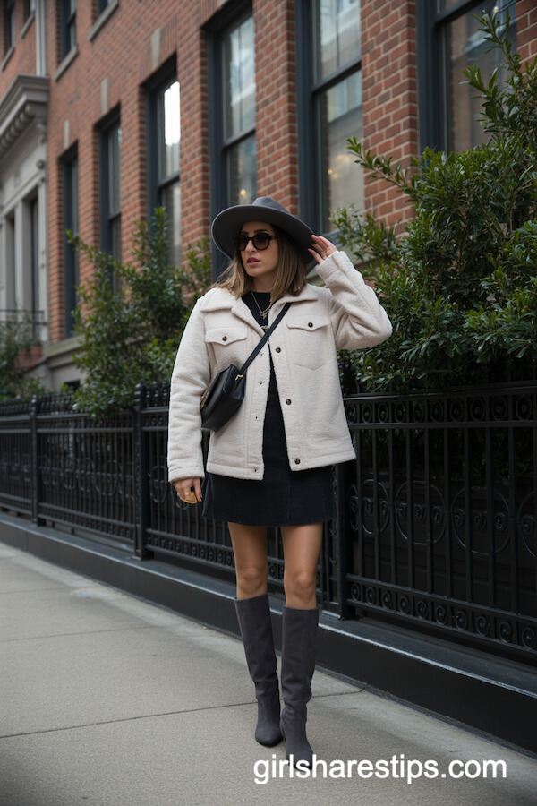 Sherpa Jacket, Mini Dress & Gray Knee High Boots