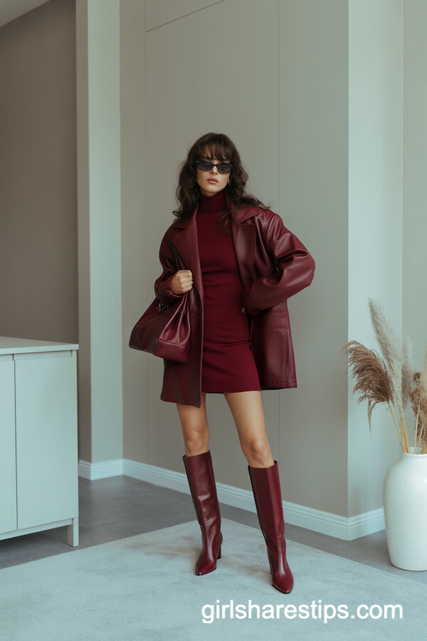 Burgundy Dress, Leather Jacket & Burgundy Knee High Boots