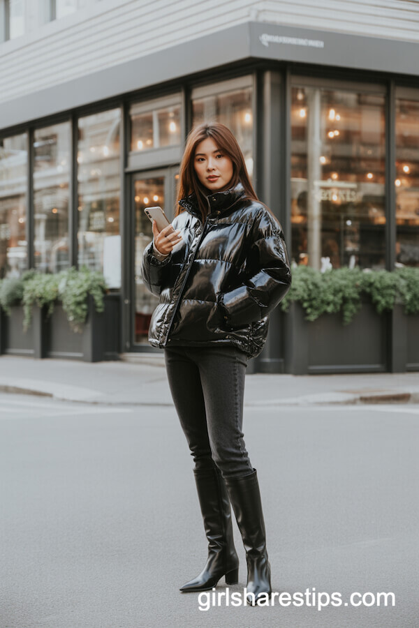 Puffer Jacket, Skinny Jeans & Black Knee High Boots
