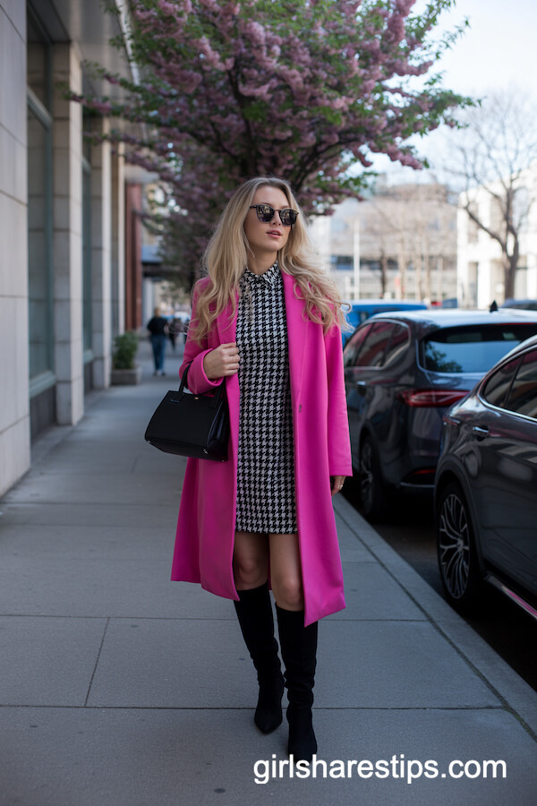 Hot Pink Coat & Houndstooth Dress with Knee High Boots