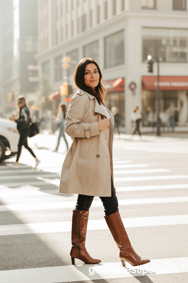 Trench Coat, Skinny Jeans & Brown Knee High Boots