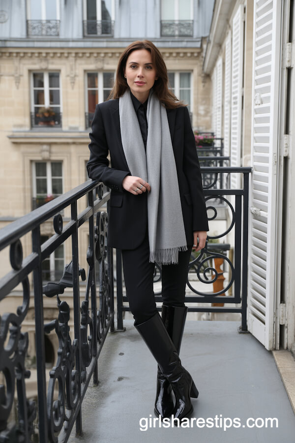 All-Black Blazer Look with Knee High Boots