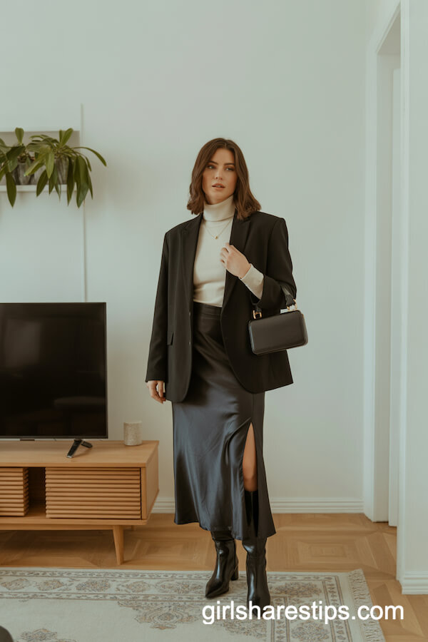Oversized Blazer, Turtleneck & Black Knee High Boots