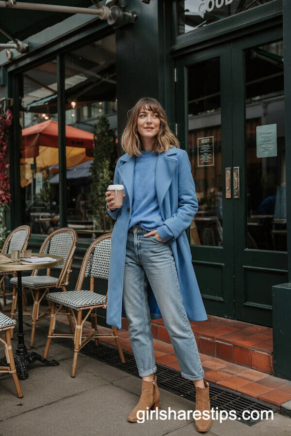 Sky Blue Wool Coat and Jeans Winter Look
