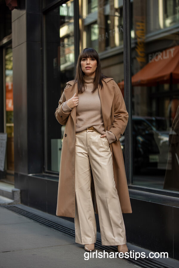 Camel Wool Coat and Wide-Leg Trousers Layered Look