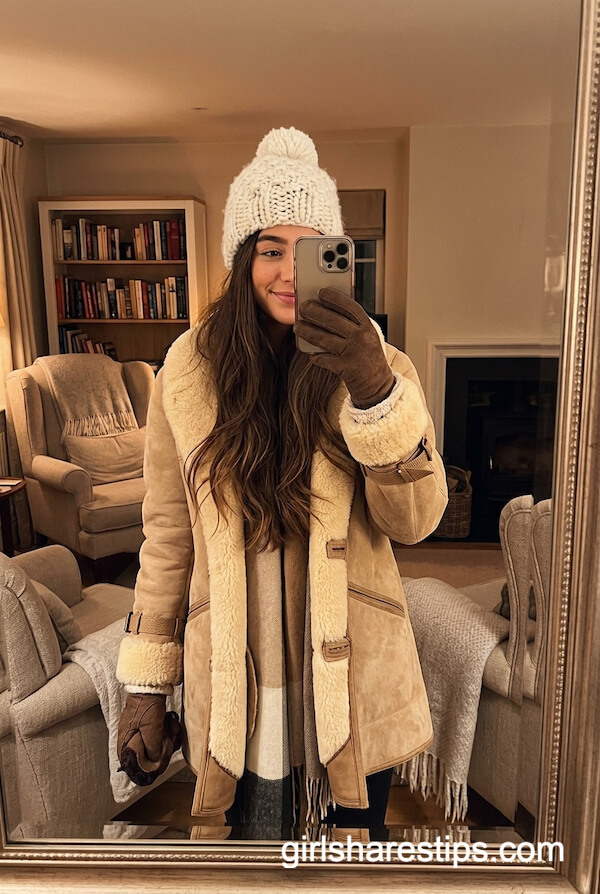 Shearling Coat, Knit Hat, and Gloves Classic Winter Layers