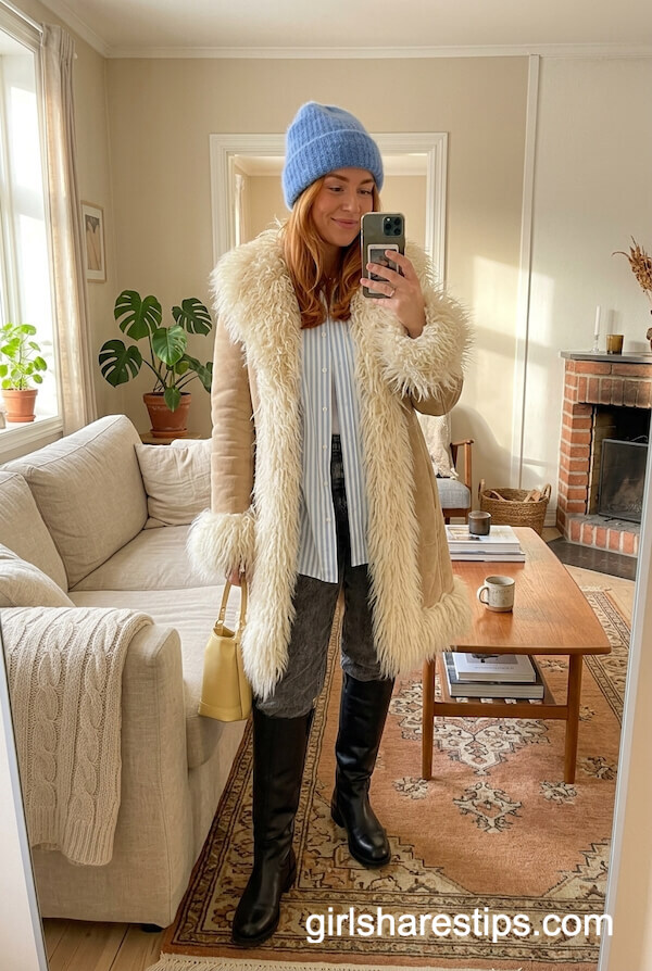 Faux Fur Coat With Blue Beanie and Knee Boots