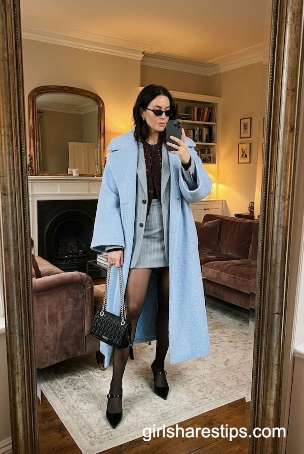 Oversized Pastel Coat With Mini Skirt and Tights